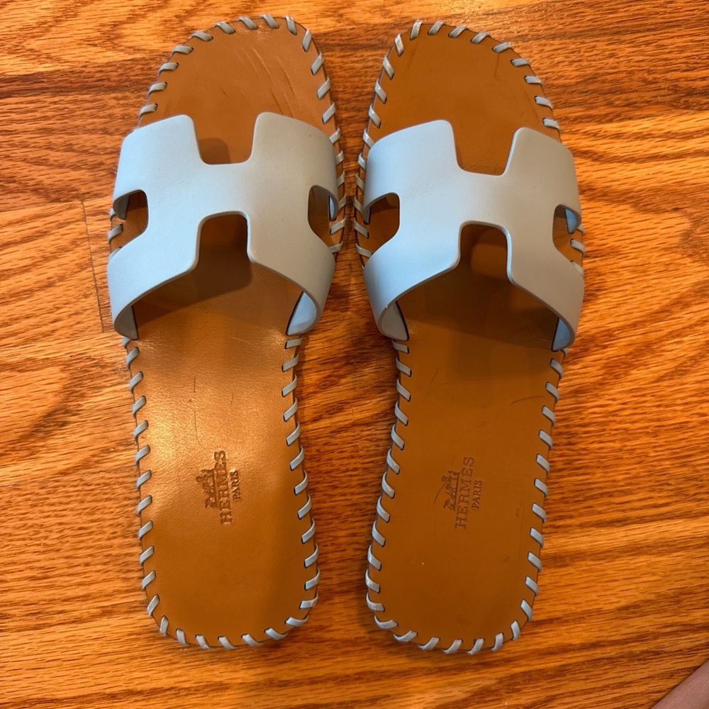 Hermes Light Blue Leather Sandals